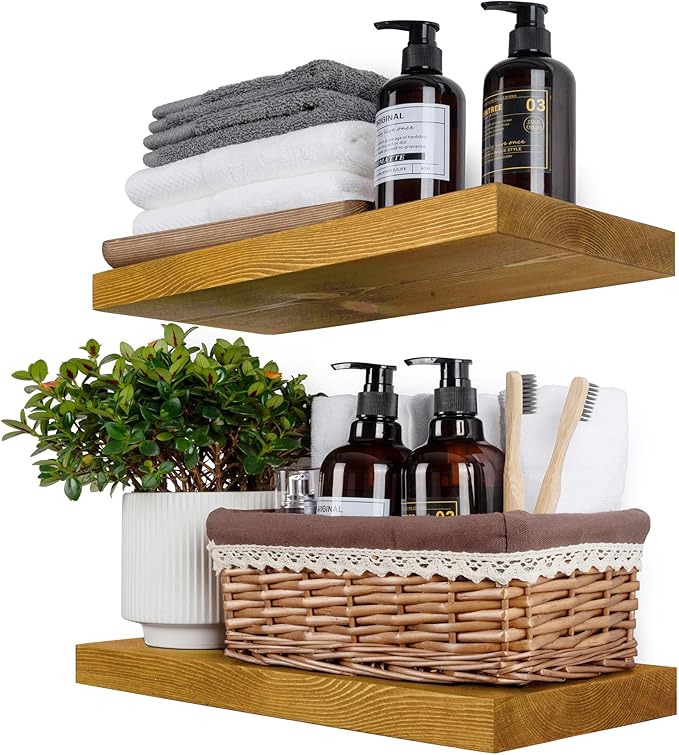 BGMG Wood Floating Shelves for Wall 16 inch Set of 2, Rustic Wooden Wall Mount Shelves for Living Room Bedroom Kitchen Farmhouse-16x6.7x1.25 inch- Gold Oak