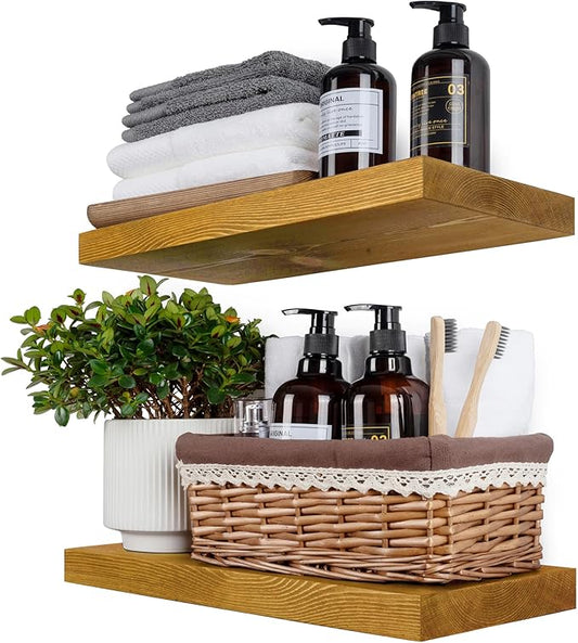 BGMG Wood Floating Shelves for Wall 18 inch Set of 2, Rustic Wooden Wall Mount Shelves for Living Room Bedroom Kitchen Farmhouse-18x6.7x1.25 inch- Gold Oak
