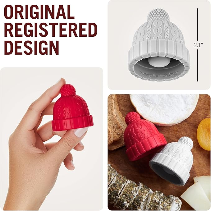 Beanie Cap Decorative Silicone Bottle Stopper in a Gift Box, Set of Two, Novelty Cork, Beverage and Wine Keeper, Champagne Bottle stoppers (Red & Grey)