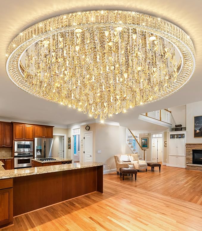 53.7'' Modern Chandeliers LED Dimmable Crystal Flush Mount Ceiling Chandeliers for Living Room High Ceiling Entrance Foyer Lobby Bedroom Silver