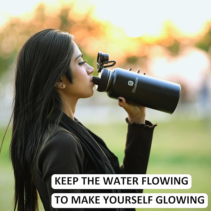 Bluetorra Black Stainless Steel Water Bottle 32 oz Vacuum Insulated, Leakproof Lid Keeps Drinks Cold 24 Hours, Durable - Ideal for Sports, Gym, Outdoor Activities Stay Hydrated water bottle