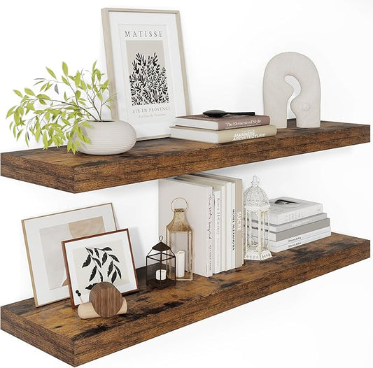 12" Deep Floating Shelves for Wall 36 Inches Long, Heavy Duty Wall Shelves for Bedroom Bathroom Kitchen Laundry Room, Farmhouse Rustic Shelves for Home Decor, 36" X 12" X 2" Set Of 2, Rustic Brown