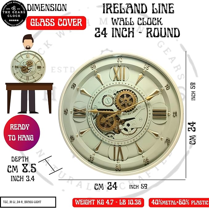 24'' Inch Real Moving Gear Wall Clock Ireland Line (Brass Light, 24 inches (59 cm))