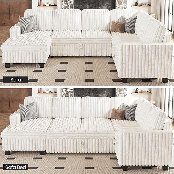 Belffin Corduroy Sleeper Sofa Bed with Storage Chaise Modular Sectional Sofa Couch with Pull Out Bed L Shaped Sectional Couches for Living Room White Couch