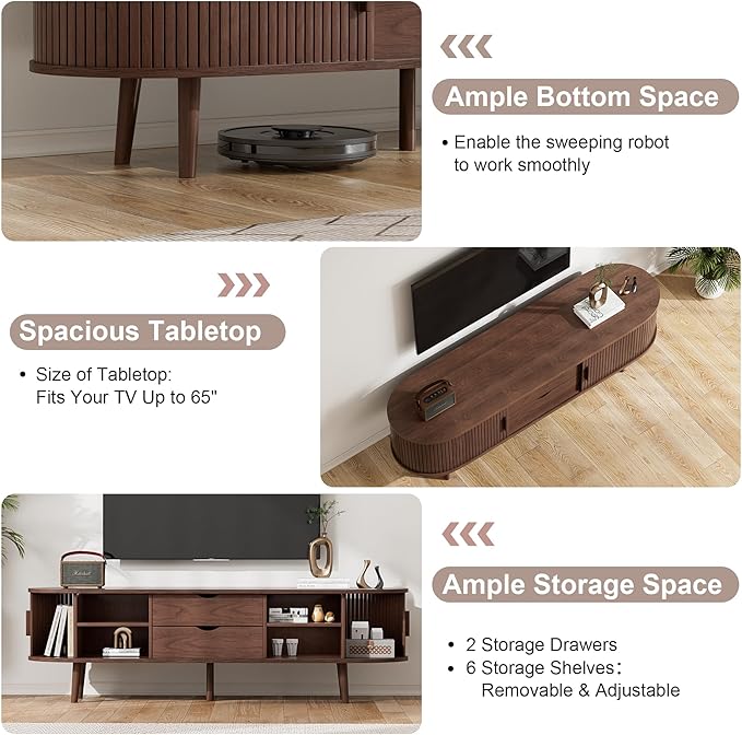 55" Mid Century TV Stand, Fluted TV Stand Fits 32" to 60" TVs. Wood Entertainment Center for Living Room, Farmhouse Modern TV and Media Console Table with Storage, Curved Edge and Sliding Door, Walnut