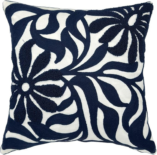Alysheer Farmhouse Floral Leaves Embroidered Decorative Throw Pillow Cover 18x18 inches, Boho Tufted Flowers Embroidery Pattern Chic Cotton Cushion Case for Couch Bed Sofa Living Room(Navy Blue)