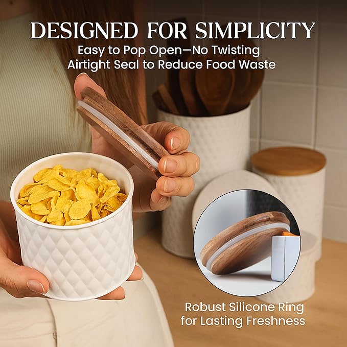 6 Canister Set for the Kitchen Countertop – Metal Food Storage Canisters with Airtight Lids for Flour, Tea, Crafts, Coffee, & Sugar – Container Set with Modern Wood Lids, White