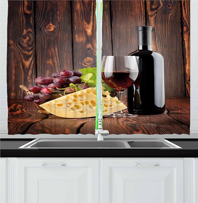 Ambesonne Wine Kitchen Curtains, Red Wine Cabernet Bottle and Glass Cheese and Grapes on Wood Planks Print, Window Drapes 2 Panel Set for Kitchen Cafe Decor, 55" x 30", Burgundy Brown