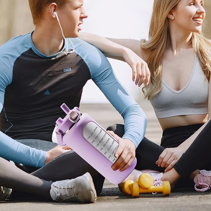 BLUEGO 64oz Insulated Water Bottle with Straw and Handle Leakproof Half Gallon Wide Mouth Motivational Water Bottle, 2-IN-1 Straw Spout Lid Stainless Steel Water Jug for Sport Travel Gym-Purple