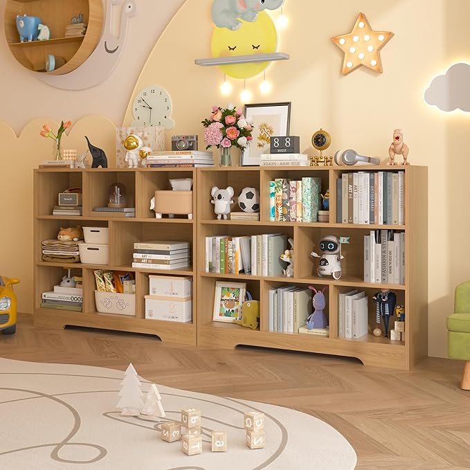 Book Shelf Set of 2, 8 Cubes Storage Organizer, 3-Tier Open Shelf Wooden Bookcase, Freestanding Wooden Bookshelf Cube Shelf for Bedroom, Living Room, Home Office