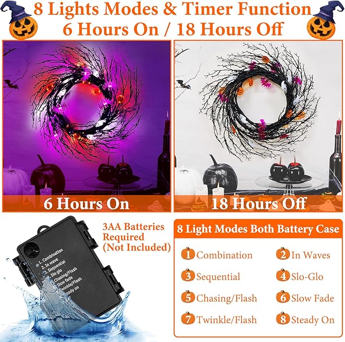 7 Ft 63 LED Halloween Willow Vine Twig Garland with 8 Modes Timer Orange Purple White Lights,7 Pumpkin Bat Ghost, Garland with Battery Operated for Wall Fireplace Halloween Decorations