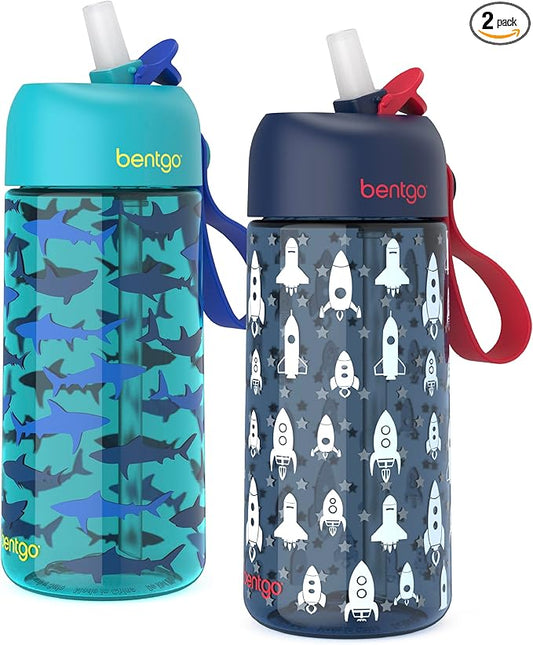 Bentgo Kids Water Bottle 2-Pack - Leak-Proof, Durable Tritan™, BPA-Free 15 oz Cup for Kids/Toddlers 3+; Flip-Up Straw; Dishwasher Safe for School/Sports/Daycare/Camp (Rocket/Shark)