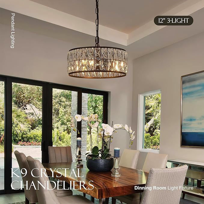 12” 3-Light Modern Crystal Chandeliers Black Dinning Room Light Fixture, Round Pendant Light Kitchen Island Chandelier, Flush Mount Ceiling Light for Living Room Entryway Bedroom Foyer