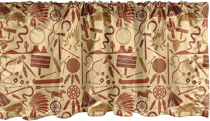 Ambesonne Western Window Valance, Culture Arrow Hatchet Chiefs Hat Snakes Bison Tools, Curtain Valance for Kitchen Bedroom Decor with Rod Pocket, 54" X 12", Orange Redwood