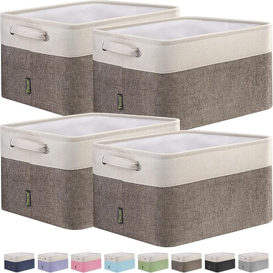 BALEINE 4 Pack Fabric Storage Bins for Shelves, Linen Storage Baskets for Organizing, Decorative Closet Bins for Clothes, Home (Brown, 15"x11"x9.5")
