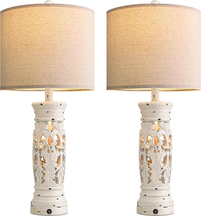BOBOMOMO 27.25” Farmhouse Table Lamps Set of 2 – Antique White Bedside Lamps with Night Light & USB A+C Ports, Vintage Lamps for Bedroom, Living Room, Entryway, Console Table (Bulbs Included)