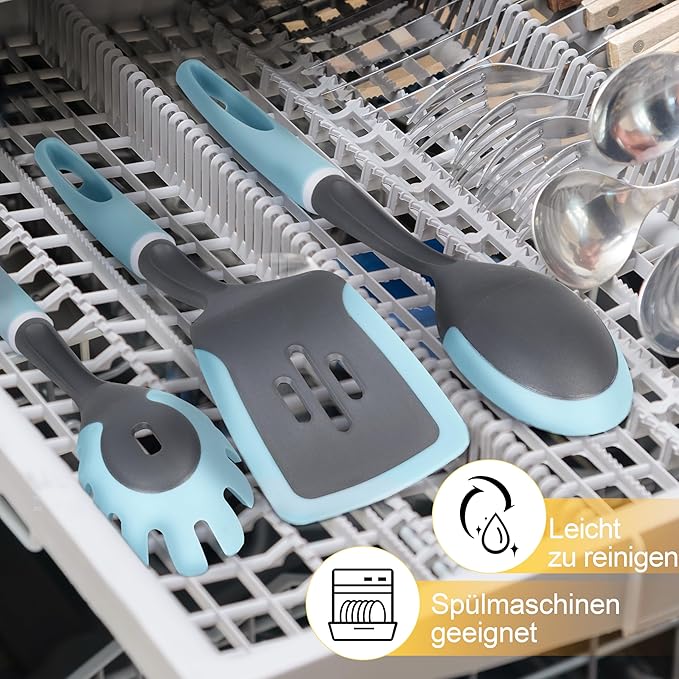 6-Piece Silicone Kitchen Utensil Set with Rotating Stand, Non-Stick, Heat-Resistant (400°F), Nylon Handle, Cooking Spatula Set for Baking & Cooking, Light Blue