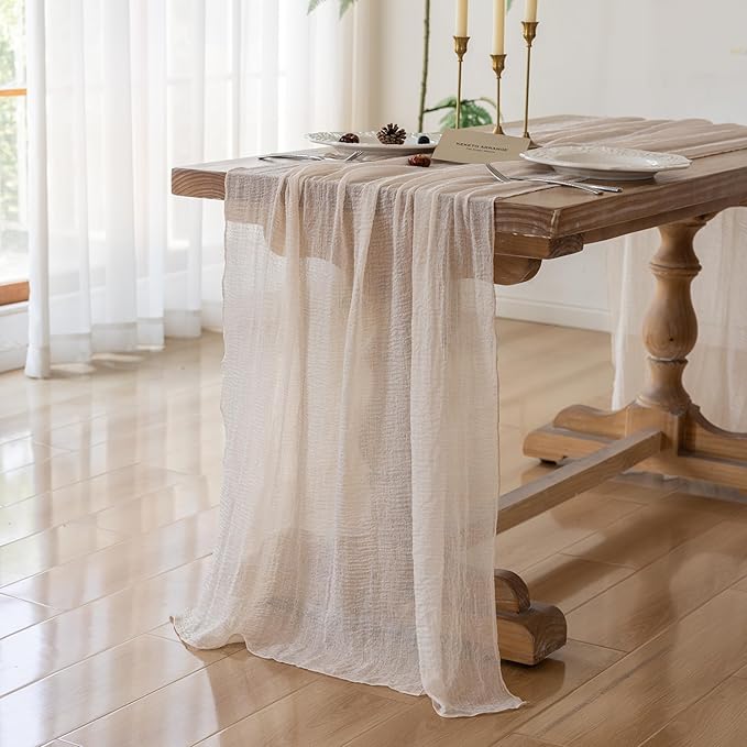 6Pcs Beige Gauze Rustic Cheesecloth Table Runner 120 Inch 10 FT for Wedding Baby Shower Bridal Shower Birthday Engagement Garden Outdoor Party Long Sheer Boho Decorations