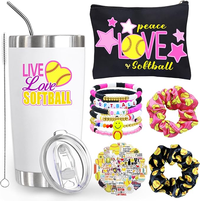 6 Pcs Softball Gifts Set Including 20oz Softball Tumbler cup Softball Bracelet Softball Makeup Bags Softball Stickers Hair Ties Sport Hair Scrunchie for Softball Lovers