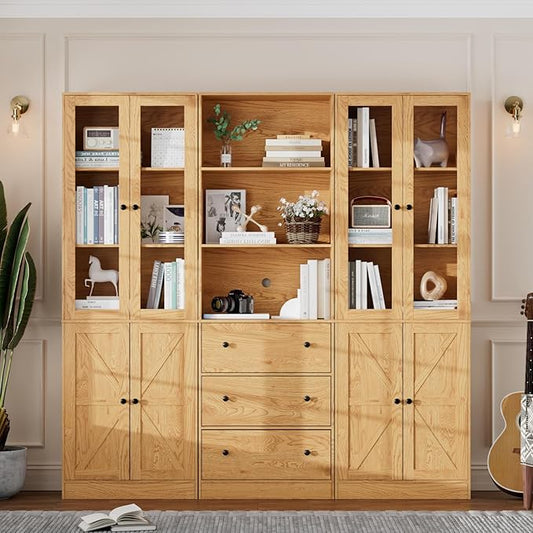 71" Tall Bookshelves Set of 3, 1 Bookcase with Drawers & 2 Bookshelves with Doors, Wooden Floor Standing Display Storage Shelves for Home Office, Living Room