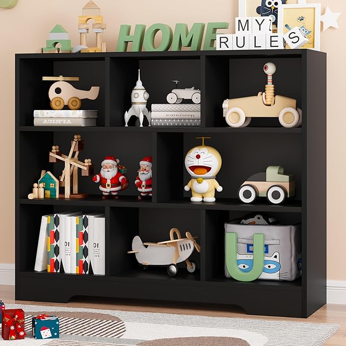 Book Shelf Set of 2, 8 Cubes Storage Organizer, Freestanding Balck Bookshelf Cube Shelf for Bedroom, Living Room, Home Office, 3-Tier Open Bookshelf Wooden Bookcase