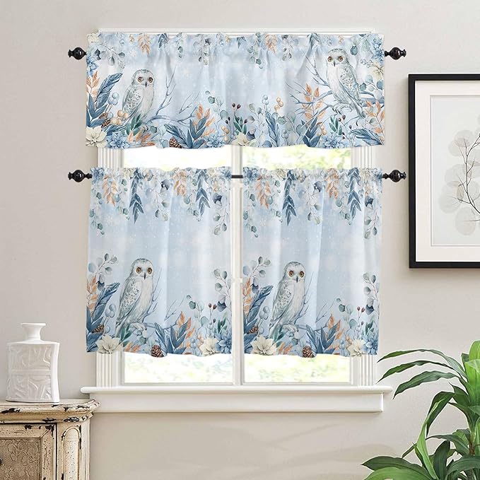 Blue Christmas Kitchen Curtains and Valances Set, Winter Snowy Owl Poinsettia Eucalyptus Leaves Windows Treatments Tiers Half/Short Curtains for Small Windows Cafe /Living Room/ Bedroom 54x36 in