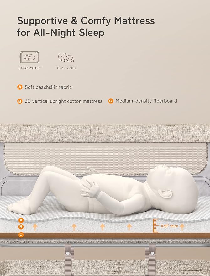 Baby Bassinet Bedside Sleeper, besrey Bedside Bassinet for Newborn Infant with Comfy Mattress, 9 Height Positions, Adjustable Bedside Crib with 360° Swivel Wheels Bassinet for Baby with Storage Basket