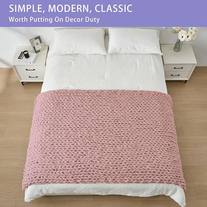 Bigacogo Chunky Knit Throw Blanket for Couch, 40x80 inches, 100% Hand Knitted with Thick Jumbo Chenille Yarn, Cozy Soft Large Rope Knot Cable Crochet Blankets for Sofa Bed Living Room, Dusty Pink