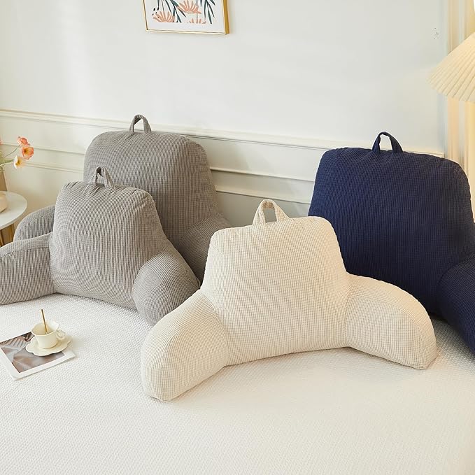 Back Pillow for Bed Sitting Up,Reading Pillow for Sitting in Bed Adult with Arm Pillow,Back Rest Pillow for Sitting in Bed with Pockets,While Gaming,Working,Watching,Standard-Gray
