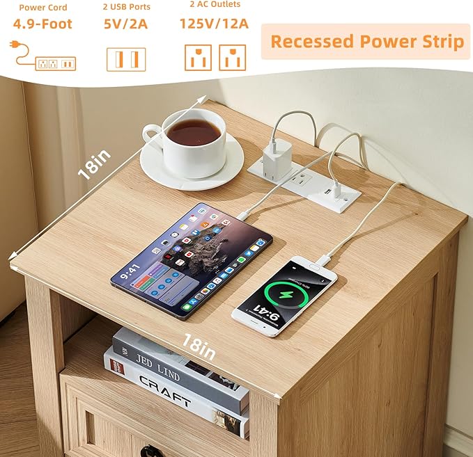 18" Farmhouse Night Stands Set of 2 with Charging Station, 2 Drawers Bedside End Table, Natural Wooden Nightstand, Bed Side Table Cabinet with Open Shelf for Bedroom Living Room Office