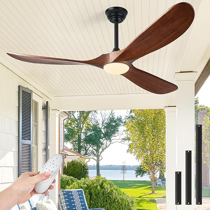 52 Inch Ceiling Fans with Lights and Remote Control, Outdoor Ceiling Fan with Light High cfm Solid Wood Modern Ceiling Fans Propeller DC Motor for Indoor Bedroom Living Room, Dark Walnut