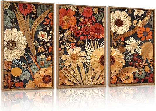 Aurlan Boho Burnt Orange Terracotta Wildflowers Framed Wall Art(24"x36"), 3 PCS Abstract Floral 3D Textured Canvas Artwork, Large Modern Vintage Botanical Nature Art Wall Decor for Home Office Living Room Bedroom