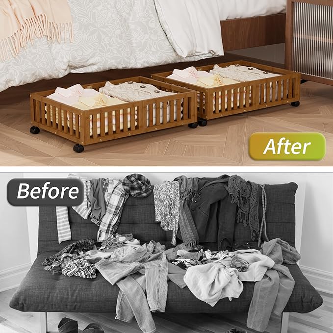 Bamboo Under Bed Storage with Wheels (2-Pack) – Rolling Underbed Shoe Organizer Box for Shoes, Blankets, Toys, Clothes Container Space-Saving Organizer Bins for Bedroom, Closet, Dorm, Nursery
