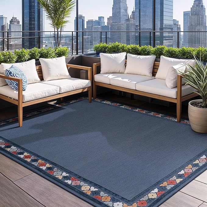 Beverly Rug Outdoor Rug 9x12 Modern Bordered Large Area Rugs for Indoor and Outdoor Patio Easy to Clean Non Shedding Living Room Porch Garden Washable Outside Carpet (9 x 12 Blue)