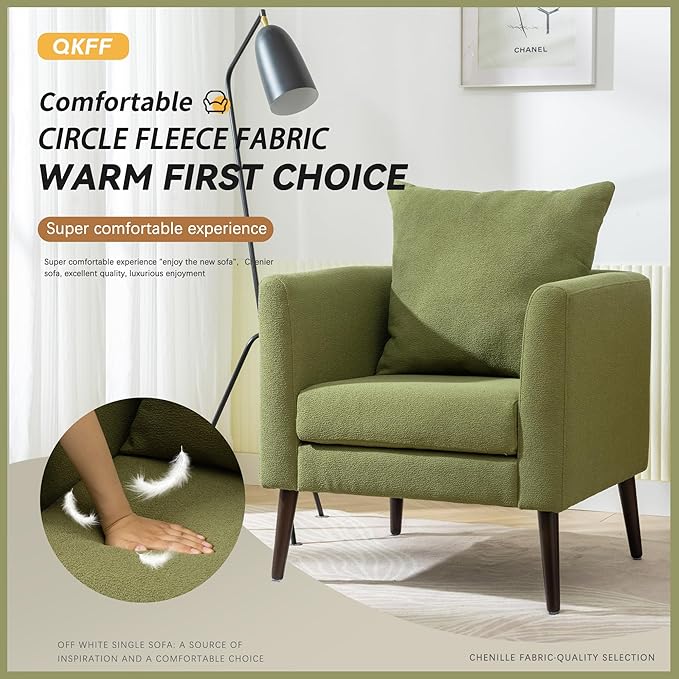 Barrel Accent Chair with Back Pillow, Large Upholstered Armchair with Solid Wood Legs Modern Reading Chairs for Living Room Bedroom