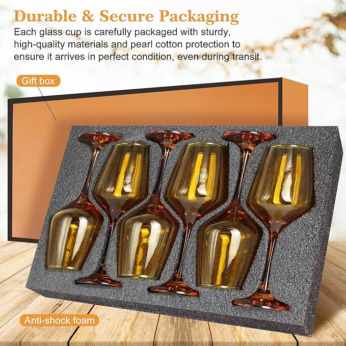 Amber Wine Glasses Set of 6-14oz Long Stem Wine Glass, Pretty Crystal Glassware, Hand Blown Goblets Drinkware, Unique Stemware Wine Glass Holiday Gift Set