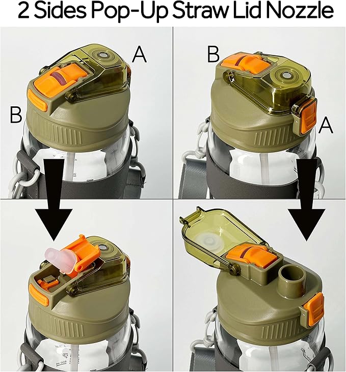 48oz Borosilicate Glass Water Bottle with Straw and Time Marker, Large Sport Water Jug with Adjustable Strap for Men Women (White)