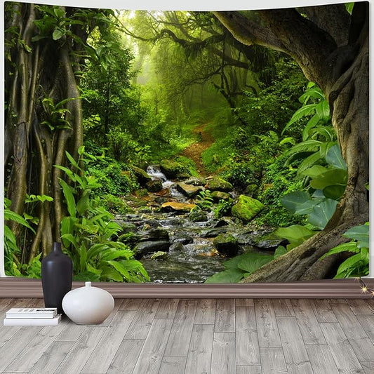 AMM Green Rainforest Tapestry Nature Forest Tapestry for Bedroom Aesthetic Misty Tropical Jungle Trees Flowing Stream Landscape Tapestries Wall Hanging for Living Room Dorm 90 x 68 Inch