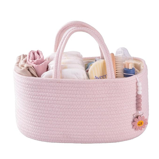 Baby Diaper Caddy Organizer for Girl Boy Rope Nursery Storage Bin Basket Portable Holder Tote Bag for Changing Table Car Travel Baby Shower Gifts Newborn Essentials Registry Must Have Items Pink