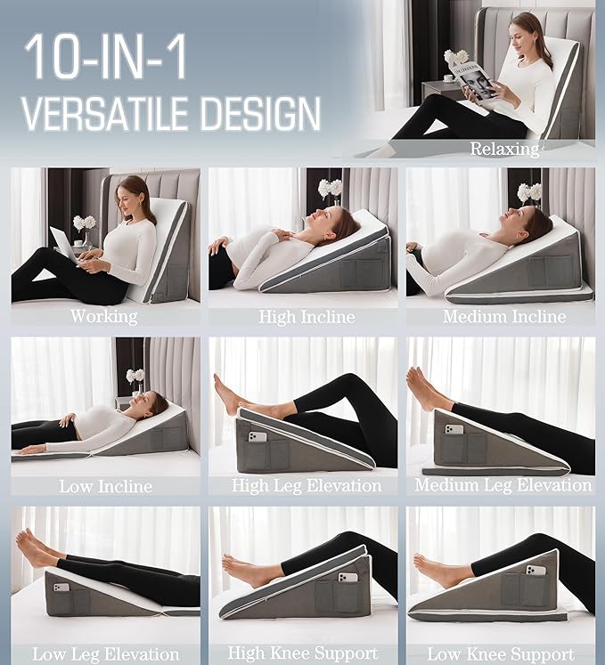 Bed Wedge Pillow for Sleeping, 10-in-1 Adjustable Memory Foam Wedge Pillow for Acid Reflux, 2-in-1 Incline Wedge Pillows for After Surgery, Snoring, Back Pain Pillow Wedge