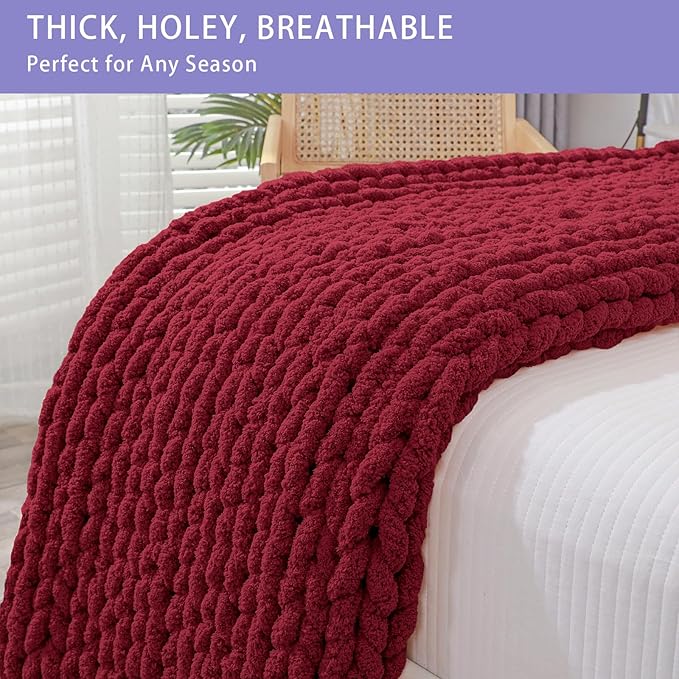 Bigacogo Chunky Knit Throw Blanket for Couch, 40x60 inches, 100% Hand Knitted with Thick Jumbo Chenille Yarn, Cozy Soft Large Rope Knot Cable Crochet Blankets for Sofa Bed Living Room, Red