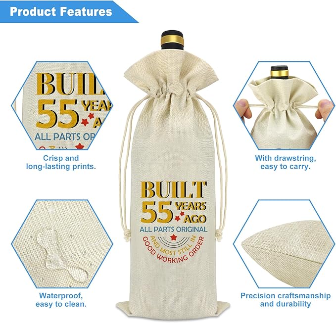 55 Year Old Birthday Gifts 55th Birthday Gift for Grandma Grandpa Wine Bag 55th Wedding Anniversary Birthday Gift for Women Men Christmas Birthday Party Decorations Reusable Wine Bottle Bag Cover