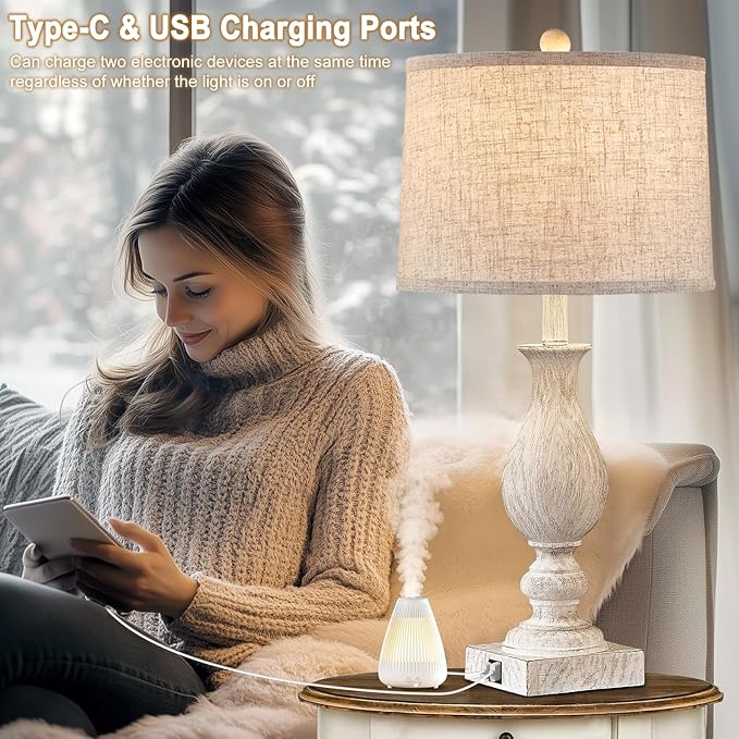 28'' Tall Farmhouse Table Lamps for Living Room, Bedroom Lamps Set of 2 with USB C+A Charging Ports, Rustic Farmhouse Nightstand Lamps for Bedside, Traditional Side Table Lamp with Fabric Shade