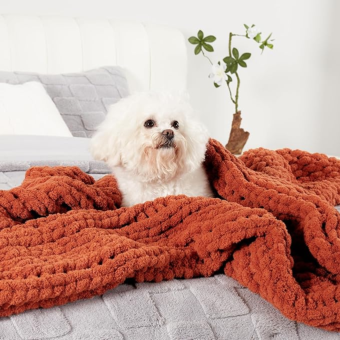Amélie Home Chunky Knit Throw Blanket for Couch, Soft Chenille Crochet Blanket for Sofa, 50"x60", Burnt Orange
