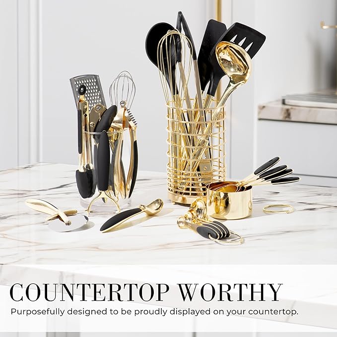Black and Gold Kitchen Utensils Set - 23-Piece Luxury Kitchen Accessories Includes Gold Measuring Cups, Spoons, Silicone Cooking Utensils and Tools for Baking, Cooking, and Stylish Kitchen Decor