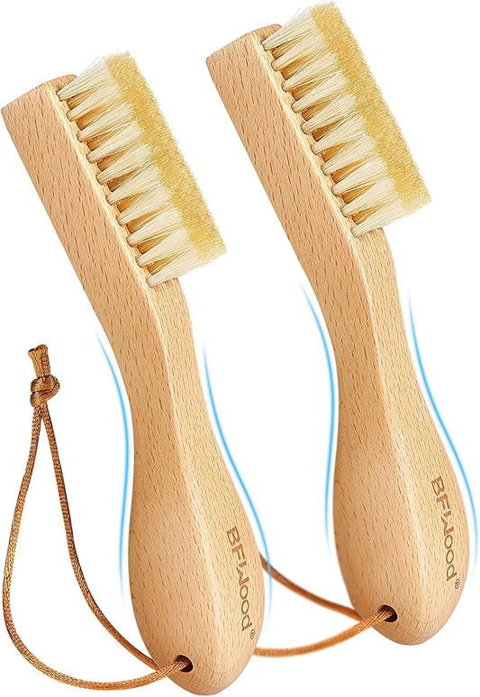 BFWood 2PCS Laundry Stain Brush - Natural Soft Boar Bristles, Removes Tough Stains from Delicate Fabrics Like Knits, Cotton, and Linens, Gentle on Fabrics, No Damage