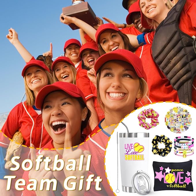 6 Pcs Softball Gifts Set Including 20oz Softball Tumbler cup Softball Bracelet Softball Makeup Bags Softball Stickers Hair Ties Sport Hair Scrunchie for Softball Lovers