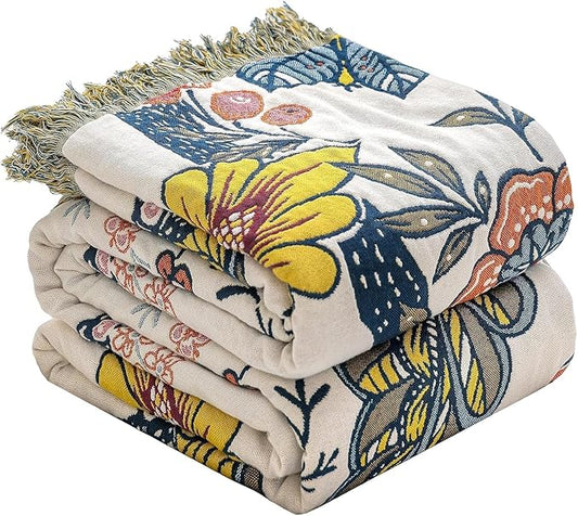 Boho Cotton Throw Blanket - Ultra-Soft Rustic Quilt for Bed, Home Decor & Travel - Large 90"x98" Muslin Blanket - All-Season Lightweight Bedspread & Throw for Women & Moms