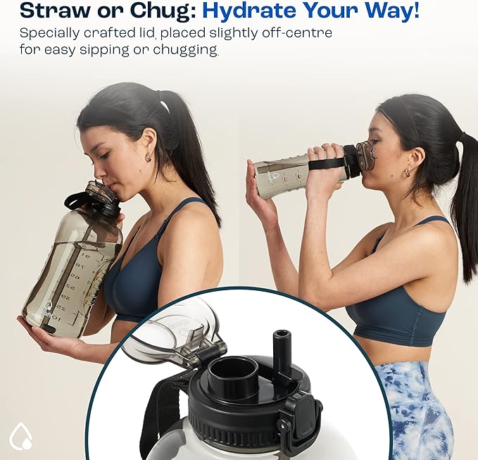 AQUAFIT 64 oz Water Bottle with Time Marker - 2in1 Straw & Chug Lid - BPA Free Big Water Bottle with Straw - Gym Water Bottle with Strap - Water Jug (64 Ounces, Gray)