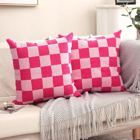 Alysheer Checkered Embroidered Decorative Throw Pillow Covers 18"x 18" Set of 2, Farmhouse Cottage Hot Pink Plaid Tufted Patterned Cotton Canvas Cushion Case for Sofa Couch Bed Living Room